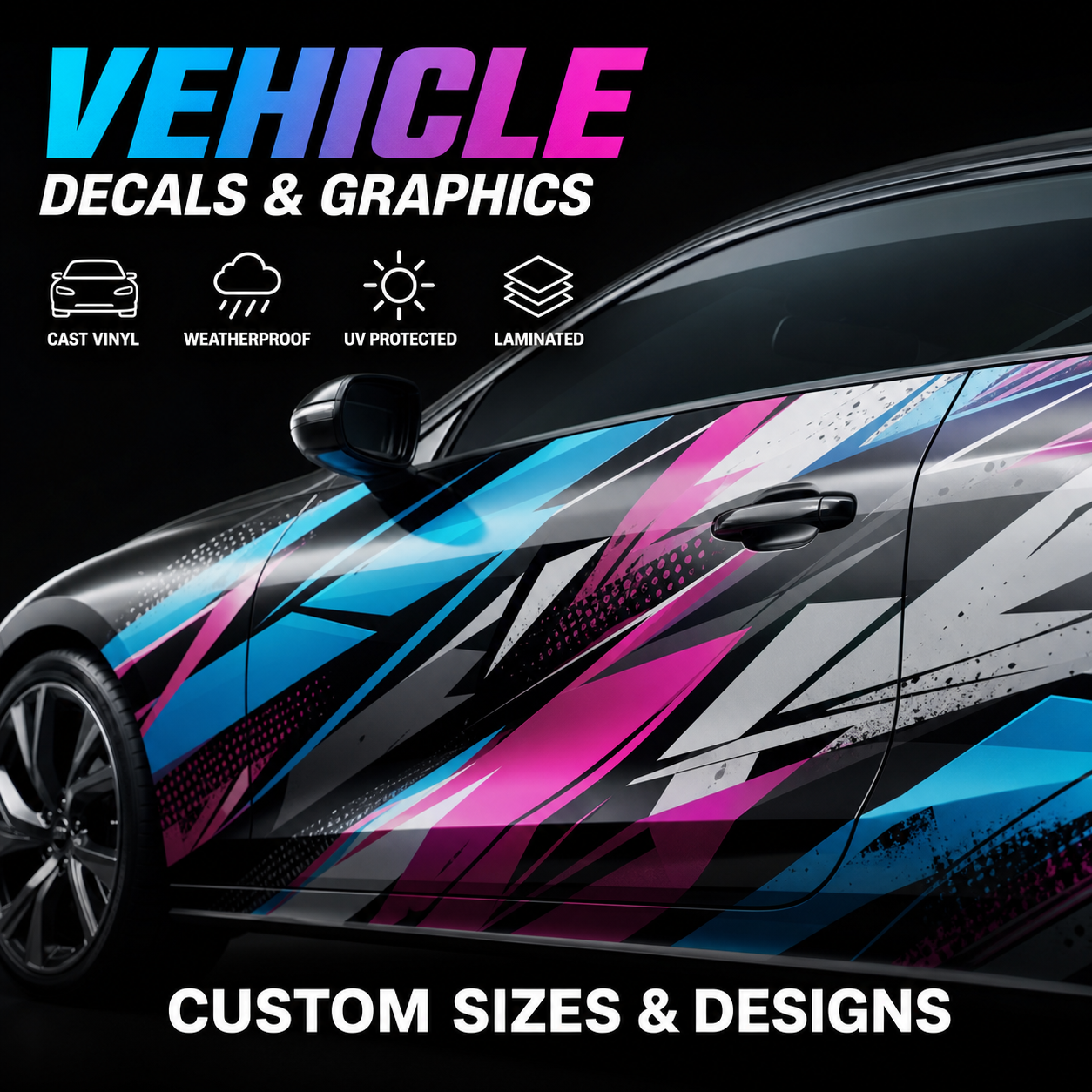 Shop custom vehicle decals printed on premium cast vinyl with gloss or matte laminate for cars, trucks, vans, trailers, service vehicles, and fleet branding.